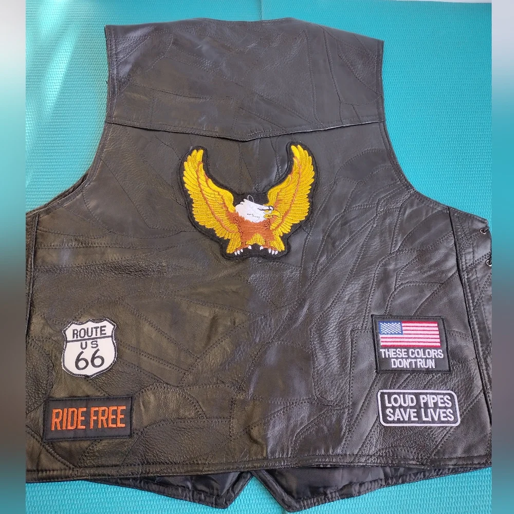 Diamond Plate Buffalo Mens Leather Vest Embroidered Patches 2X New